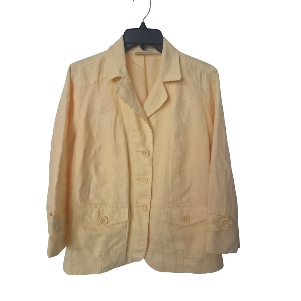Studio Works Women Yellow 100% Linen 3/4 Sleeve Button Front Blazer Petite Large